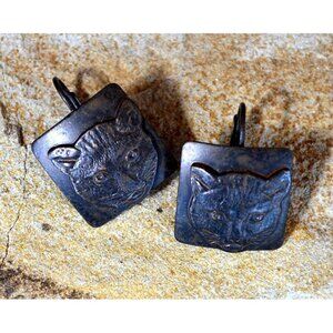 Antique Rust Black Brass Cat Earrings